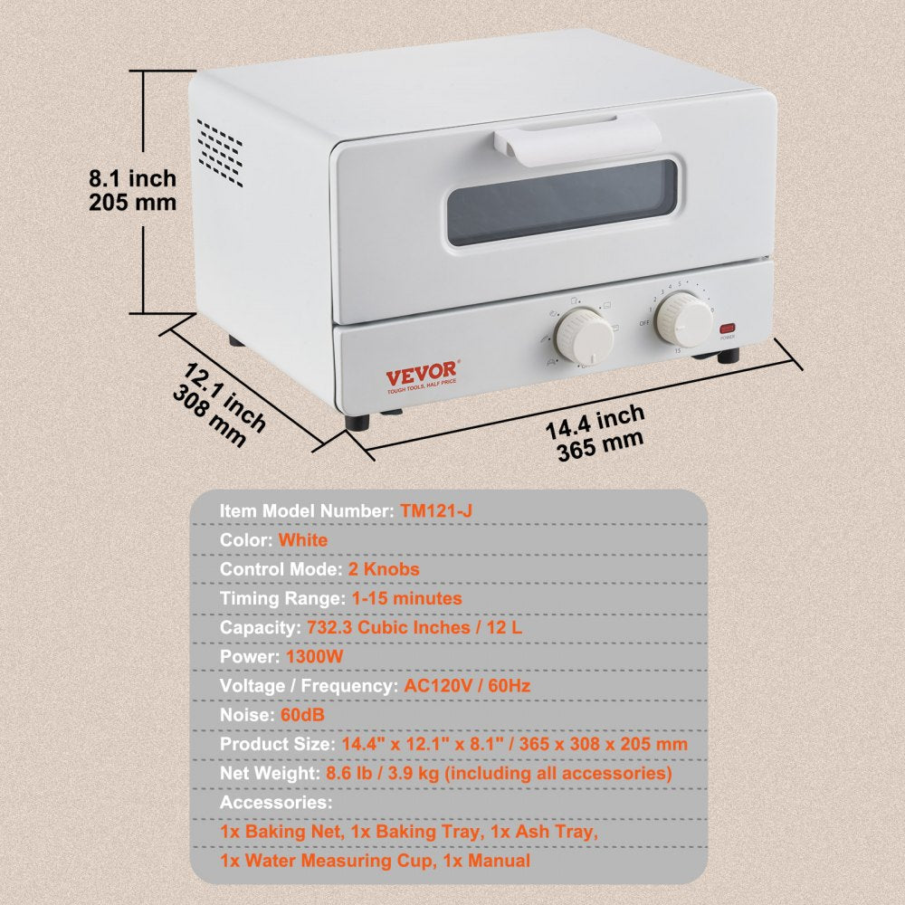 VEVOR Steam Oven Toaster, 12L Countertop Convection Oven, 1300W 5 In 1 Steam Toaster Oven, 7 Cooking Modes Air Fryer Convection Oven Combo with Baking Grill, Ash Tray for Sandwich, Bread, Pizza 