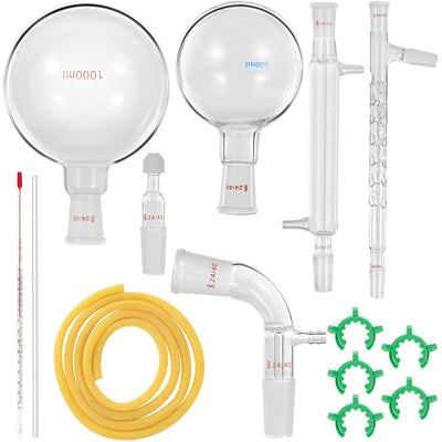 VEVOR Glass Organic Chemistry Kit 13pcs Distillation Kit 24/40 Joints Distillation Apparatus Borosilicate Glass Lab Glassware Kit w/ 1000ml Round Bottom Flask for Distillations Separation Purification 