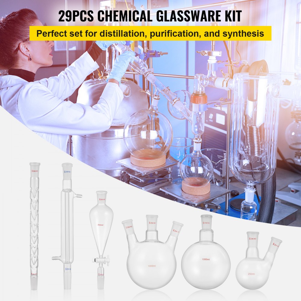 VEVOR New Laboratory Glassware 24/40 Chemistry Glassware 29PCS Chemistry Lab Glassware Kit 250 1000ml for Distillations Separation Purification Synthesis 