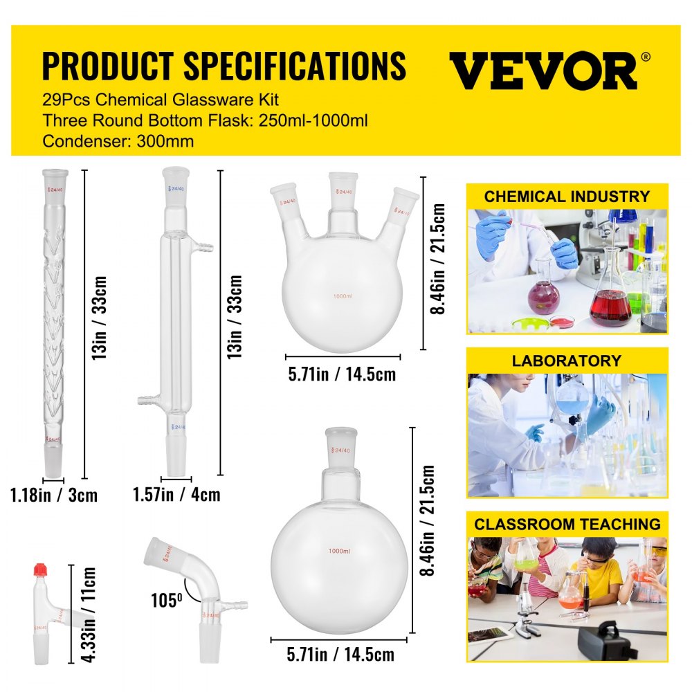 VEVOR New Laboratory Glassware 24/40 Chemistry Glassware 29PCS Chemistry Lab Glassware Kit 250 1000ml for Distillations Separation Purification Synthesis 