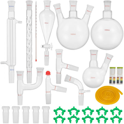 VEVOR New Laboratory Glassware 24/40 Chemistry Glassware 29PCS Chemistry Lab Glassware Kit 250 1000ml for Distillations Separation Purification Synthesis 