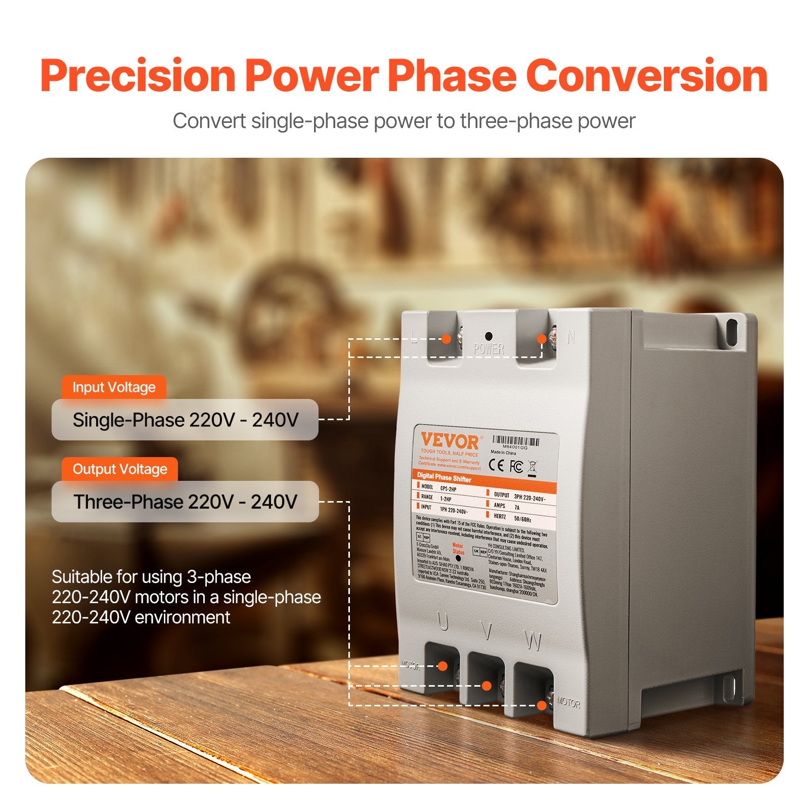 VEVOR 3 Phase Converter 2HP 7A 220V Single to 3 Phase 220V-240V Input/Output 