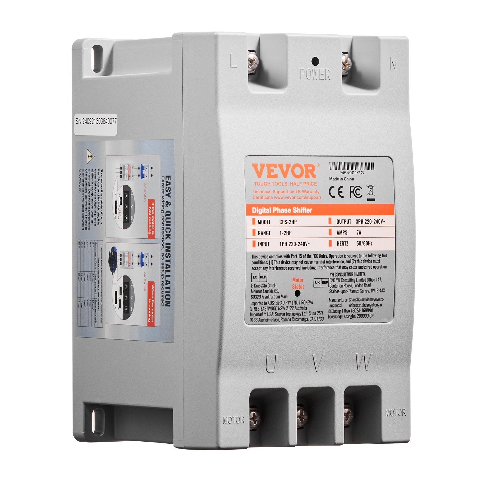 VEVOR 3 Phase Converter 2HP 7A 220V Single to 3 Phase 220V-240V Input/Output 