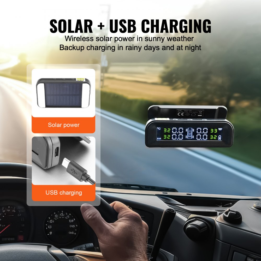 VEVOR RV Tire Pressure Monitoring System Real Time Solar Trailer TPMS 4 Sensors 