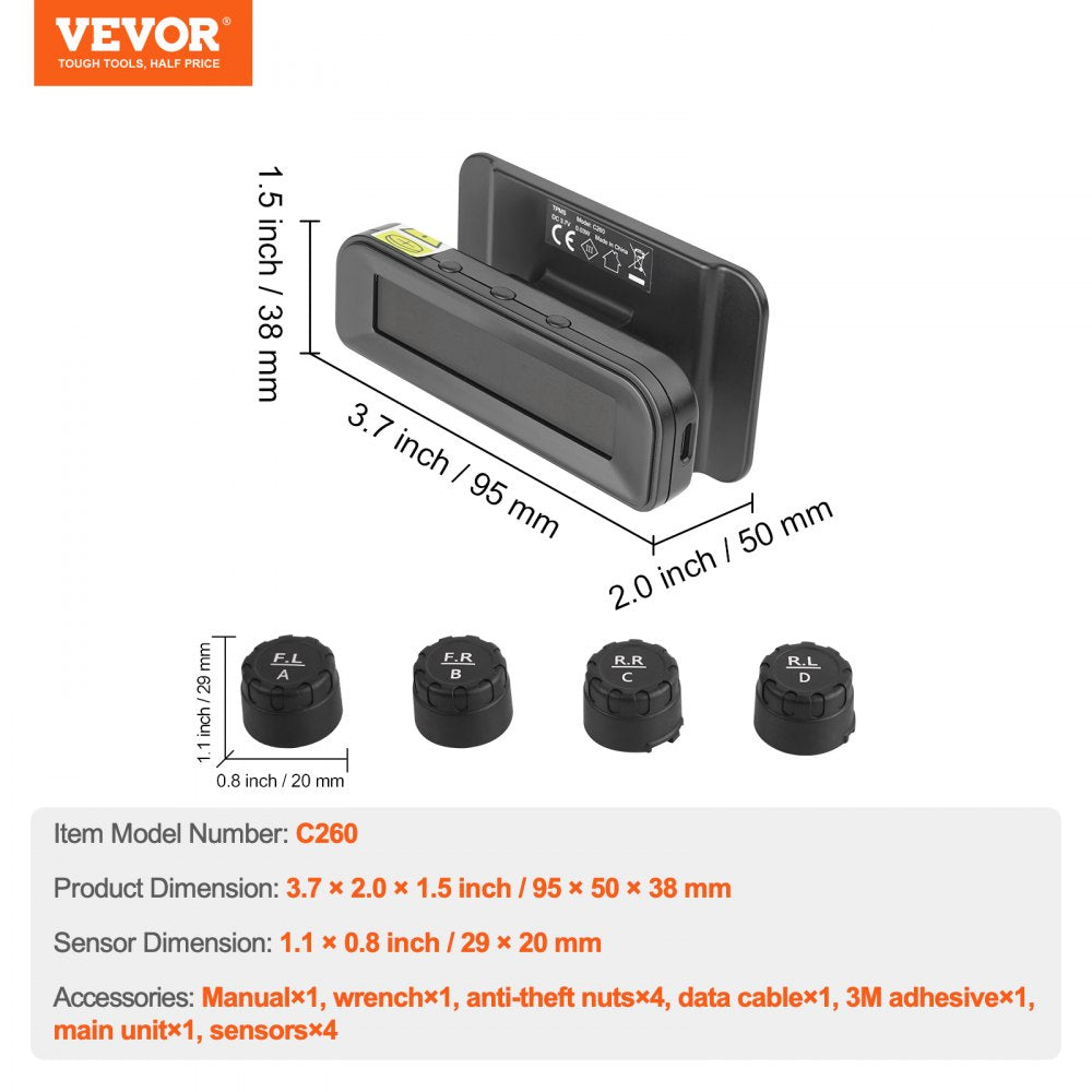 VEVOR RV Tire Pressure Monitoring System Real Time Solar Trailer TPMS 4 Sensors 