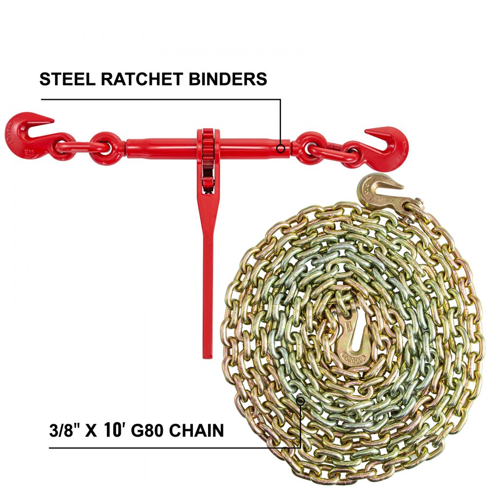 VEVOR Chain and Binder Kit 3/8in-1/2in, Ratchet Load Binders 9215lbs Working Strength, Ratchet Binders and Chains, 3/8in x 10ft Chains w/ G70 Hooks, for Truck, Tie Down, Hauling, Towing 