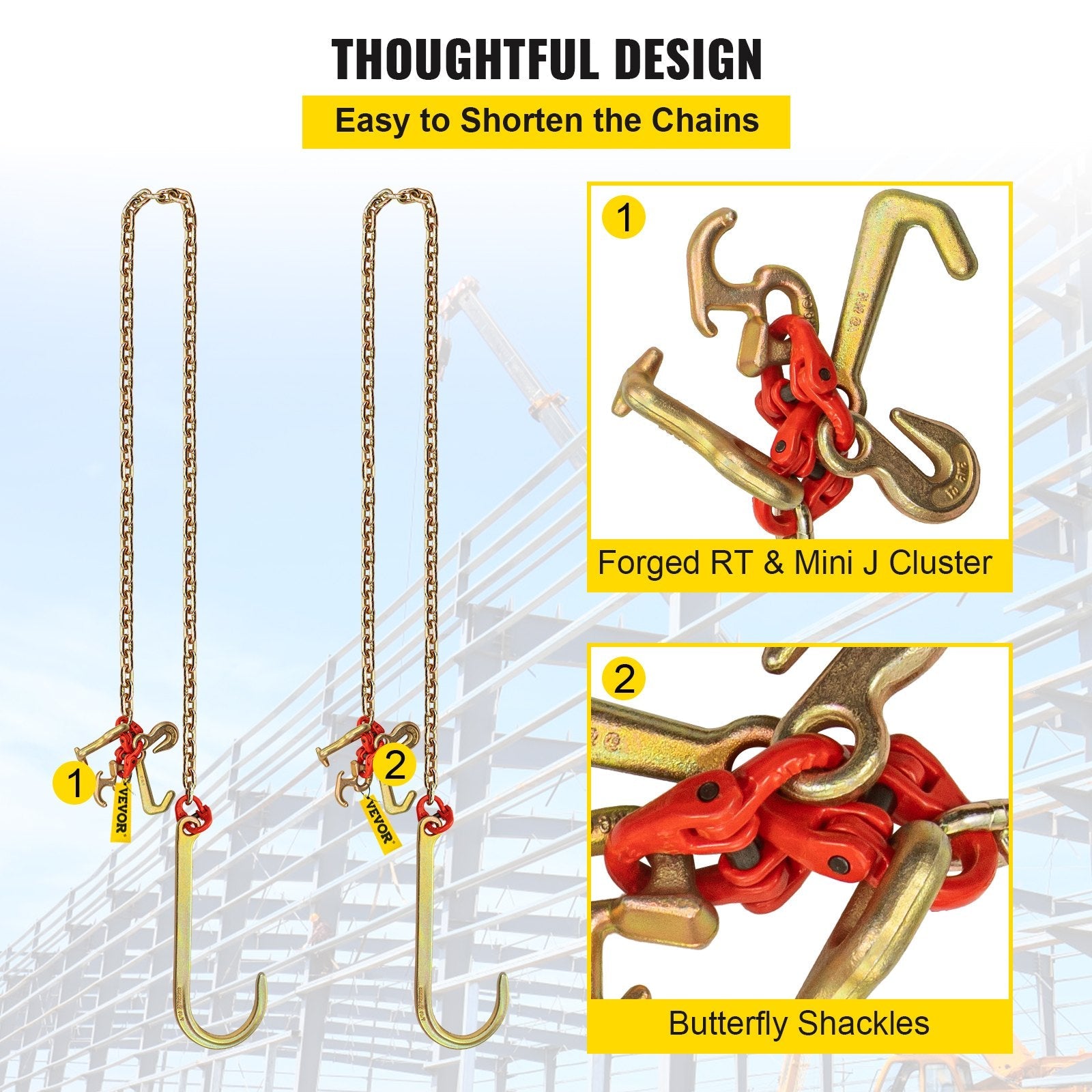 VEVOR J Hook Chain, 5/16 in x 10 ft Bridle Tow Chain, G80 Bridle Transport Chain, Alloy Steel Chain with 2 G70 J Hooks, 9260 Lbs Break Strength Tow Hooks for Trucks, J Hooks Towing Straps 2PCS 