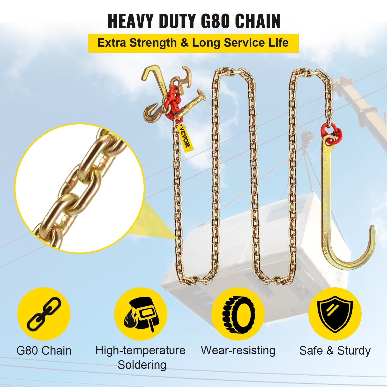 VEVOR J Hook Chain, 5/16 in x 10 ft Bridle Tow Chain, G80 Bridle Transport Chain, Alloy Steel Chain with 2 G70 J Hooks, 9260 Lbs Break Strength Tow Hooks for Trucks, J Hooks Towing Straps 2PCS 