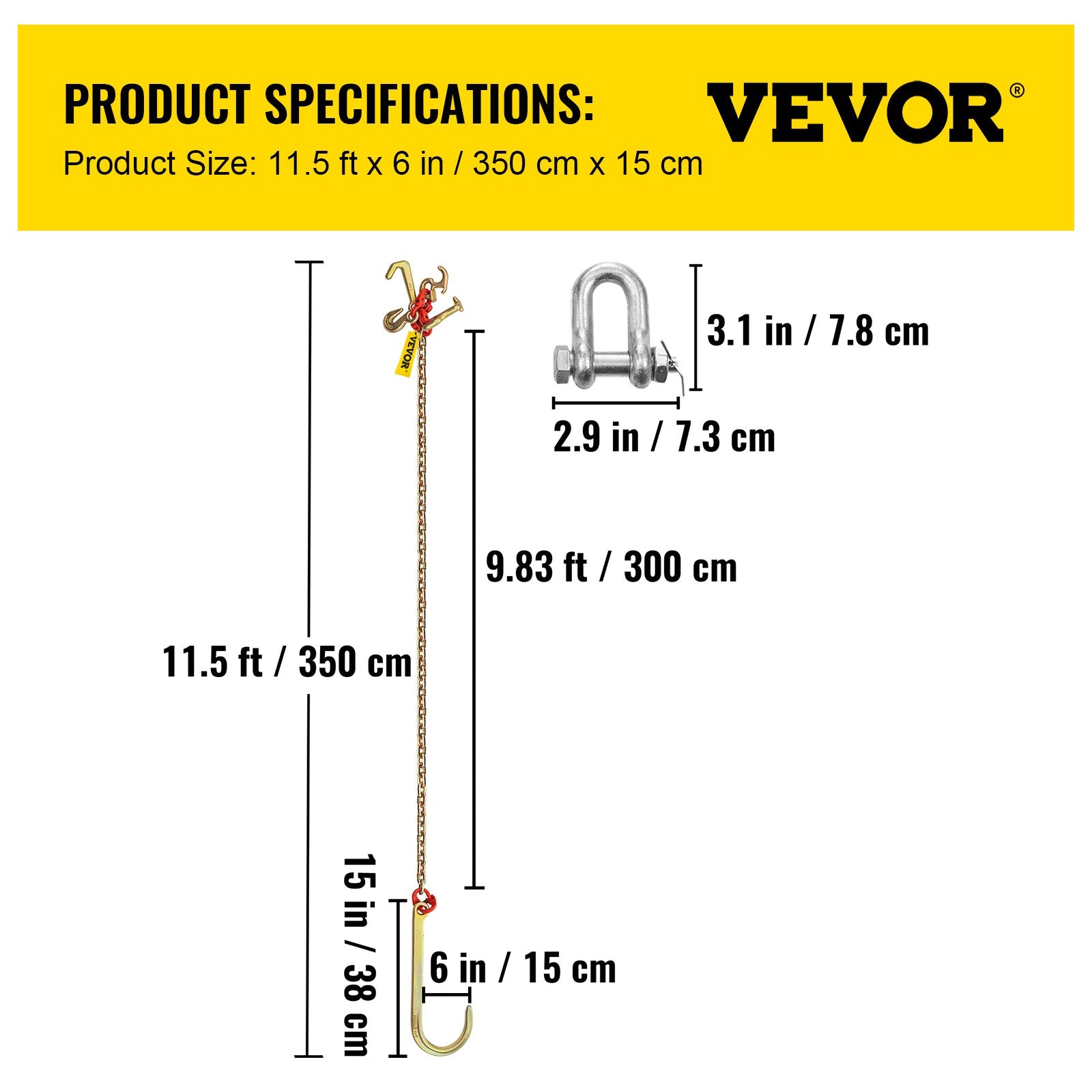 VEVOR J Hook Chain, 5/16 in x 10 ft Bridle Tow Chain, G80 Bridle Transport Chain, Alloy Steel Chain with 2 G70 J Hooks, 9260 Lbs Break Strength Tow Hooks for Trucks, J Hooks Towing Straps 2PCS 