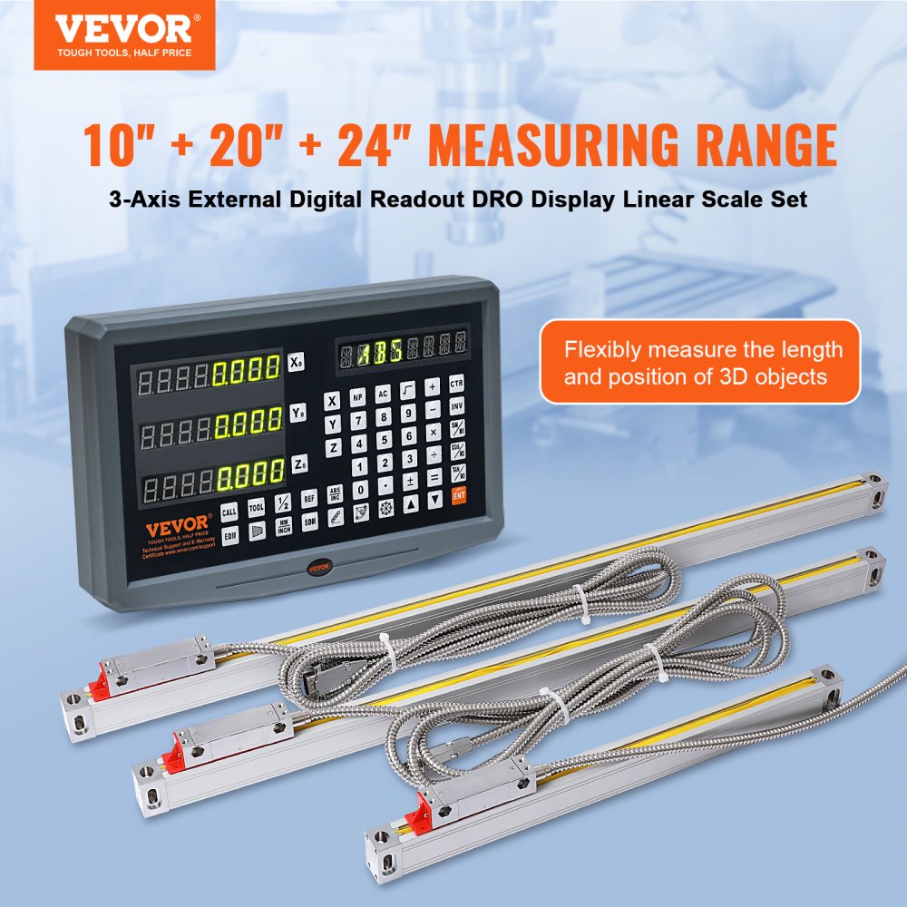 VEVOR Digital Readout, 10'' & 20'' & 24'', Linear Scale 3 Axis DRO Display Kit with Support Rod Knife Holder Plate Transparent Watch Case Power Cord Watch Holder Butterfly Piece Screw Pack Ruler Cover 