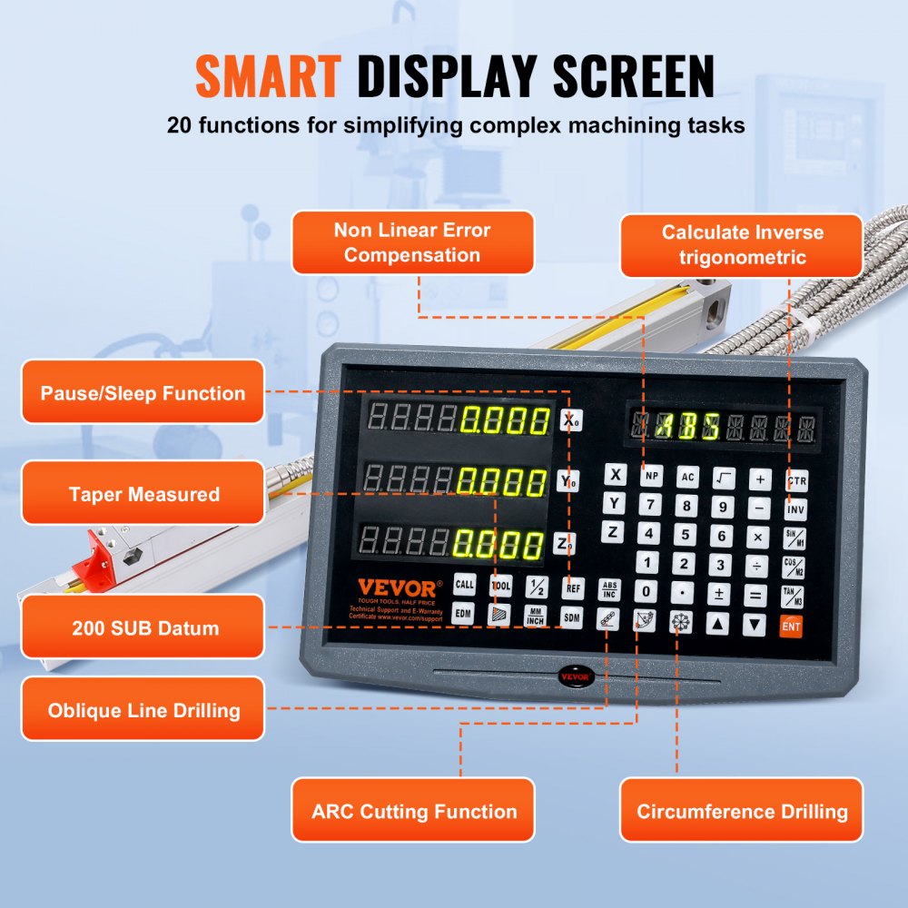 VEVOR Digital Readout, 10'' & 20'' & 24'', Linear Scale 3 Axis DRO Display Kit with Support Rod Knife Holder Plate Transparent Watch Case Power Cord Watch Holder Butterfly Piece Screw Pack Ruler Cover 