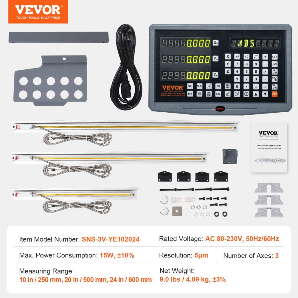 VEVOR Digital Readout, 10'' & 20'' & 24'', Linear Scale 3 Axis DRO Display Kit with Support Rod Knife Holder Plate Transparent Watch Case Power Cord Watch Holder Butterfly Piece Screw Pack Ruler Cover 
