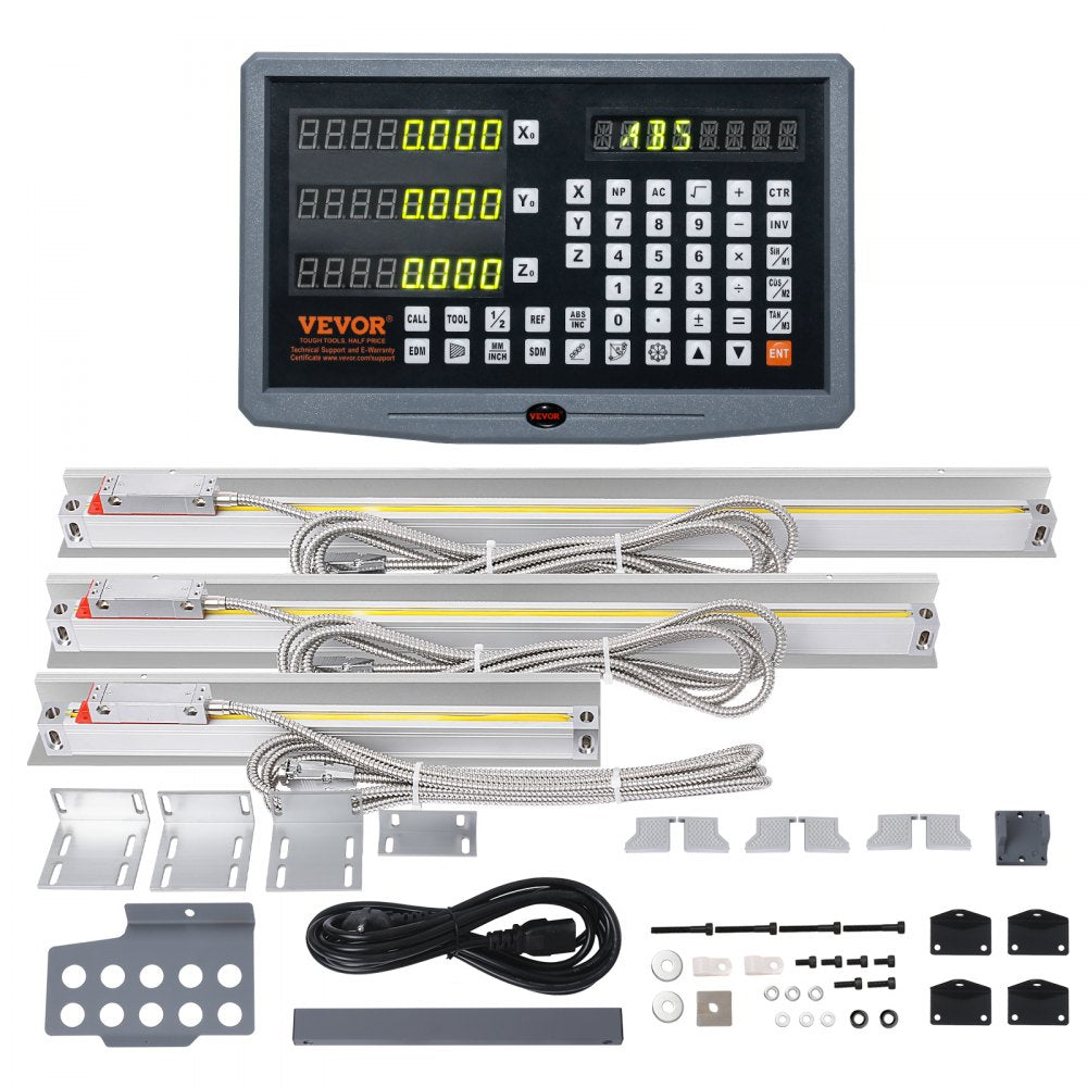 VEVOR Digital Readout, 10'' & 20'' & 24'', Linear Scale 3 Axis DRO Display Kit with Support Rod Knife Holder Plate Transparent Watch Case Power Cord Watch Holder Butterfly Piece Screw Pack Ruler Cover 