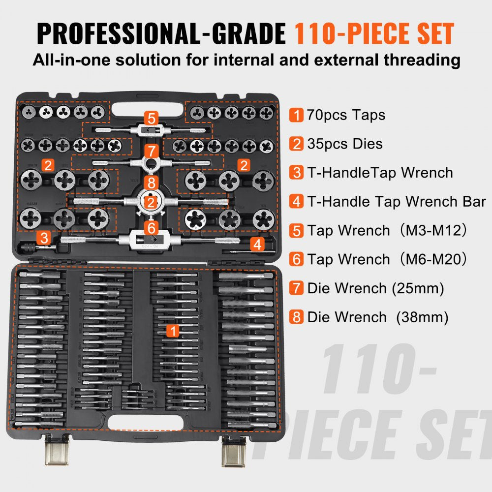 VEVOR Tap and Die Set, 110-Piece Include Metric Size M2 to M18, Bearing Steel Taps and Dies, Essential Threading Tool for Cutting External Internal Threads, with Complete Accessories and Storage Case 