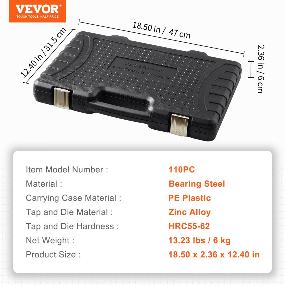 VEVOR Tap and Die Set, 110-Piece Include Metric Size M2 to M18, Bearing Steel Taps and Dies, Essential Threading Tool for Cutting External Internal Threads, with Complete Accessories and Storage Case 