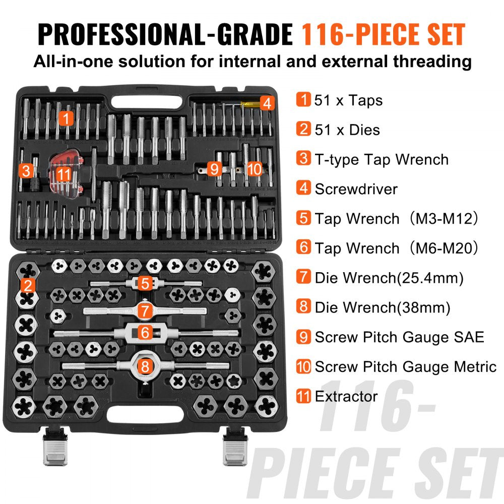 VEVOR Tap and Die Set, 116-Piece Include Metric and SAE Size, Bearing Steel Taps and Dies, Essential Threading Tool for Cutting External Internal Threads, with Complete Accessories and Storage Case 