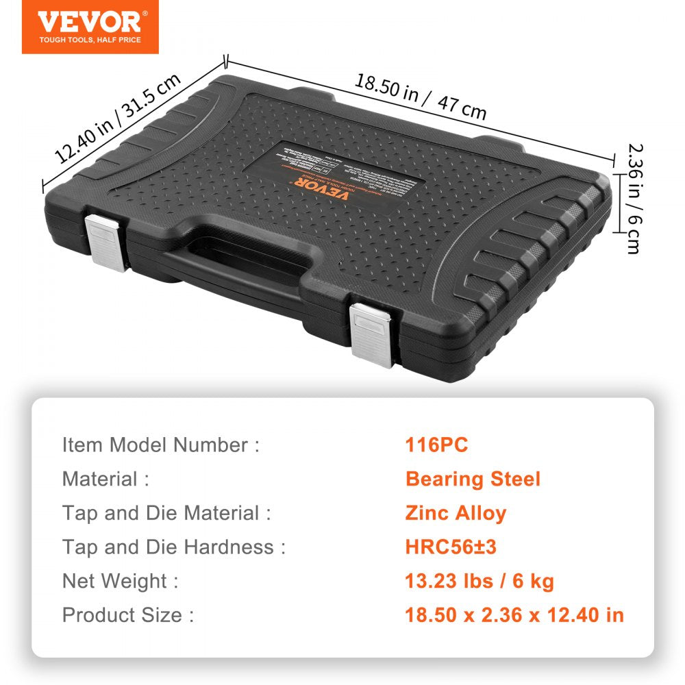 VEVOR Tap and Die Set, 116-Piece Include Metric and SAE Size, Bearing Steel Taps and Dies, Essential Threading Tool for Cutting External Internal Threads, with Complete Accessories and Storage Case 