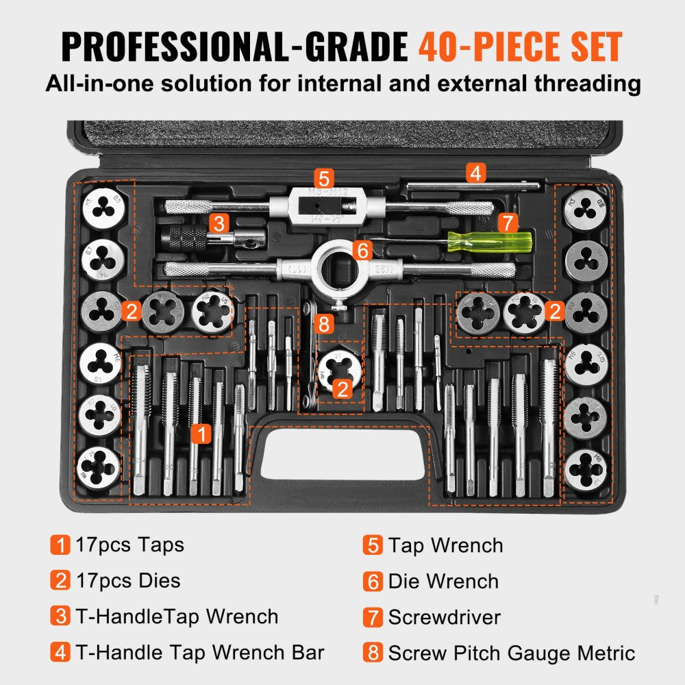 VEVOR Tap and Die Set, 40-Piece Include Metric Size M3 to M12, Bearing Steel Taps and Dies, Essential Threading Tool for Cutting External Internal Threads, with Complete Accessories and Storage Case 