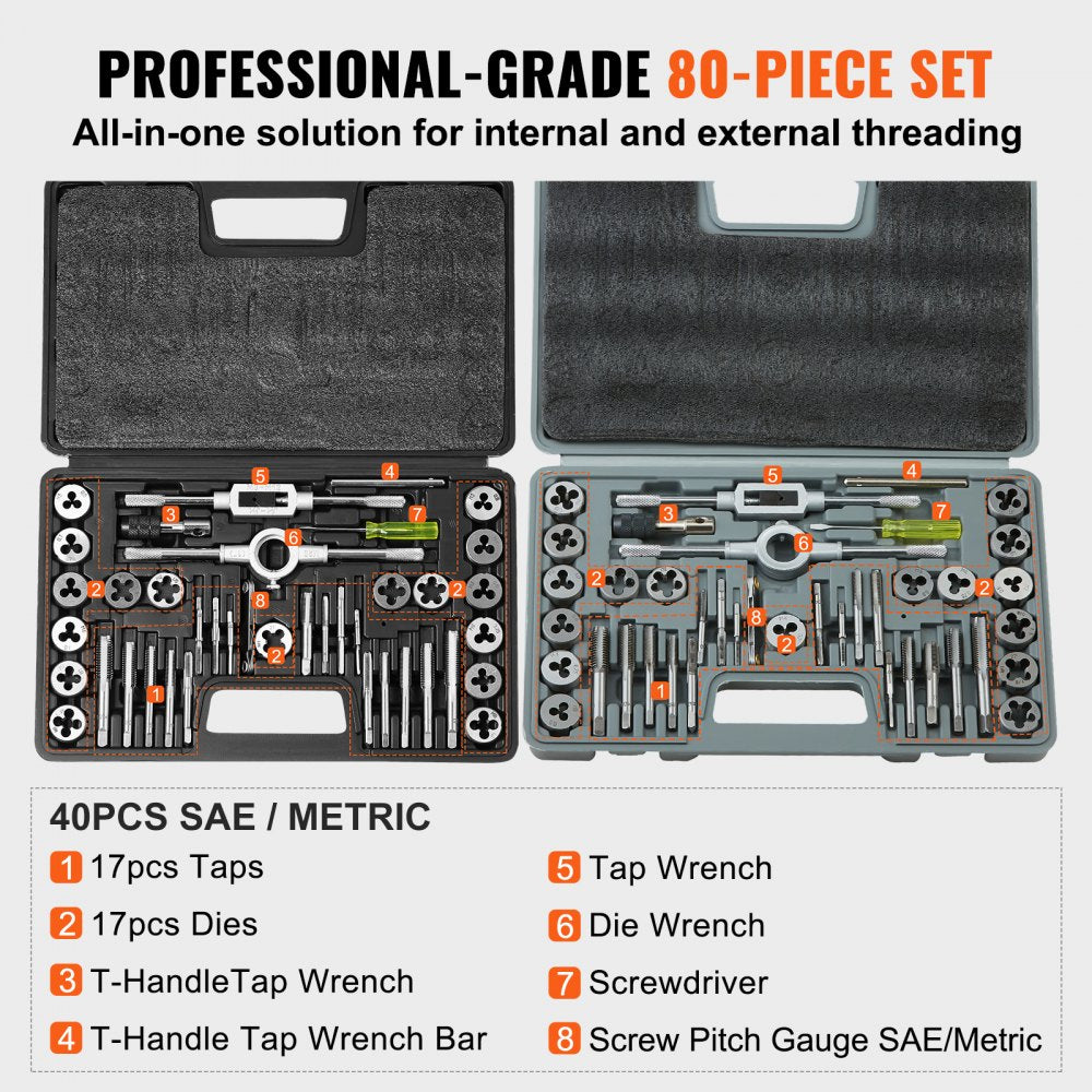 VEVOR Tap and Die Set, 80-Piece Metric and SAE Standard, Bearing Steel Taps and Dies, Essential Threading Tool for Cutting External Internal Threads, with Complete Accessories and Storage Case 