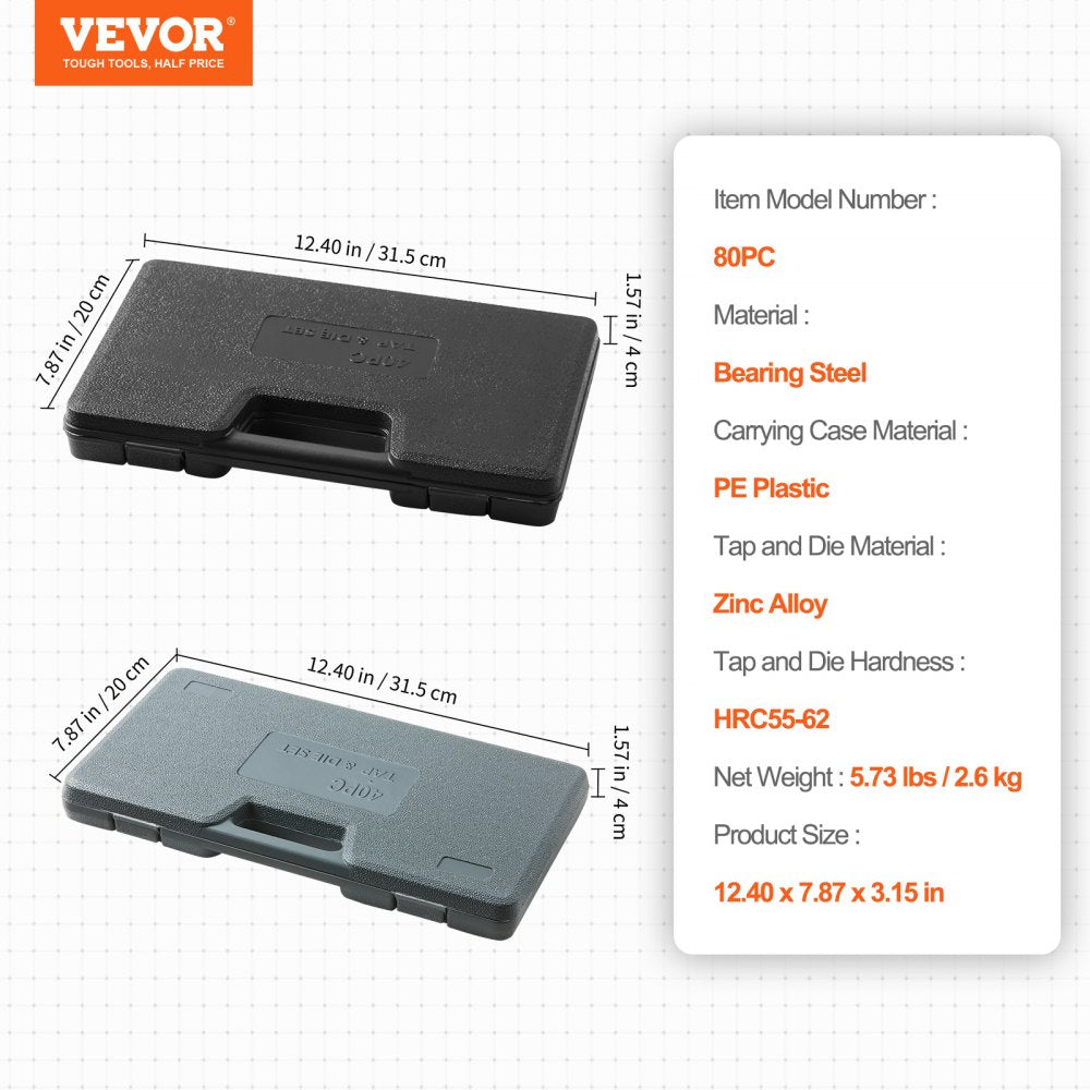 VEVOR Tap and Die Set, 80-Piece Metric and SAE Standard, Bearing Steel Taps and Dies, Essential Threading Tool for Cutting External Internal Threads, with Complete Accessories and Storage Case 