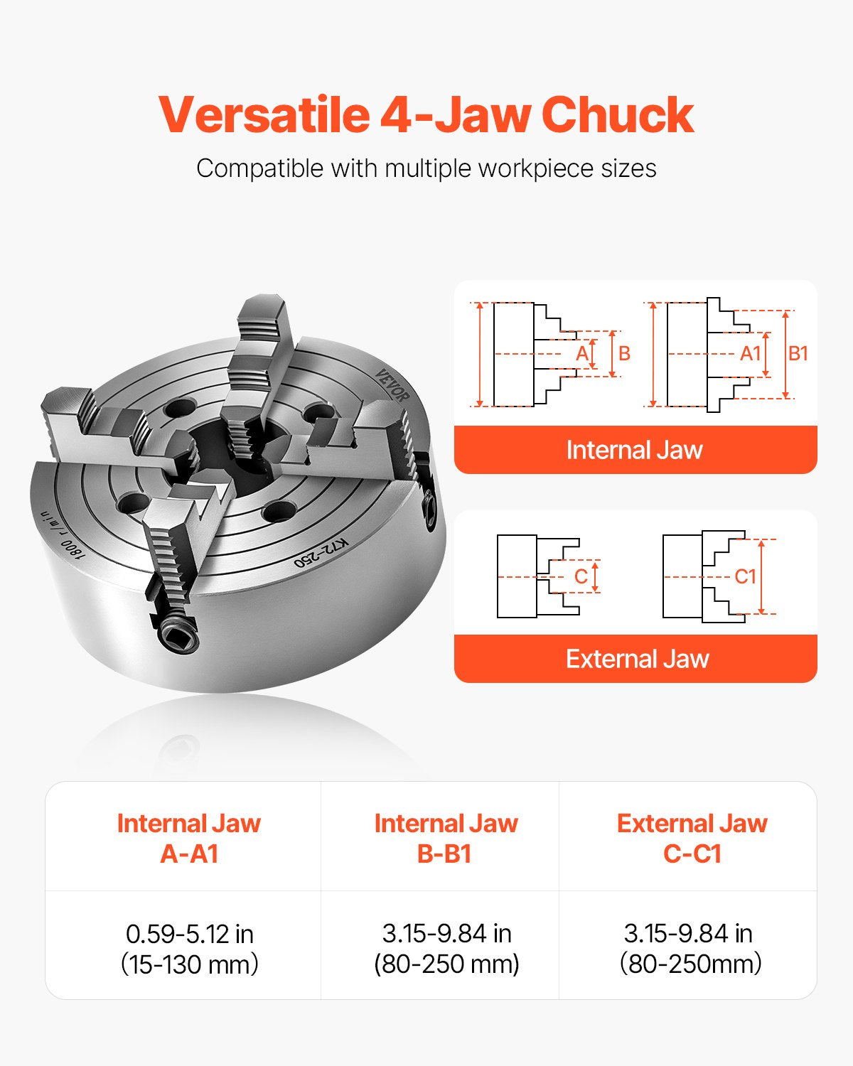 VEVOR 10 in 4-Jaw Self-Centering Lathe Chuck for Lathe Drilling Milling Machine 
