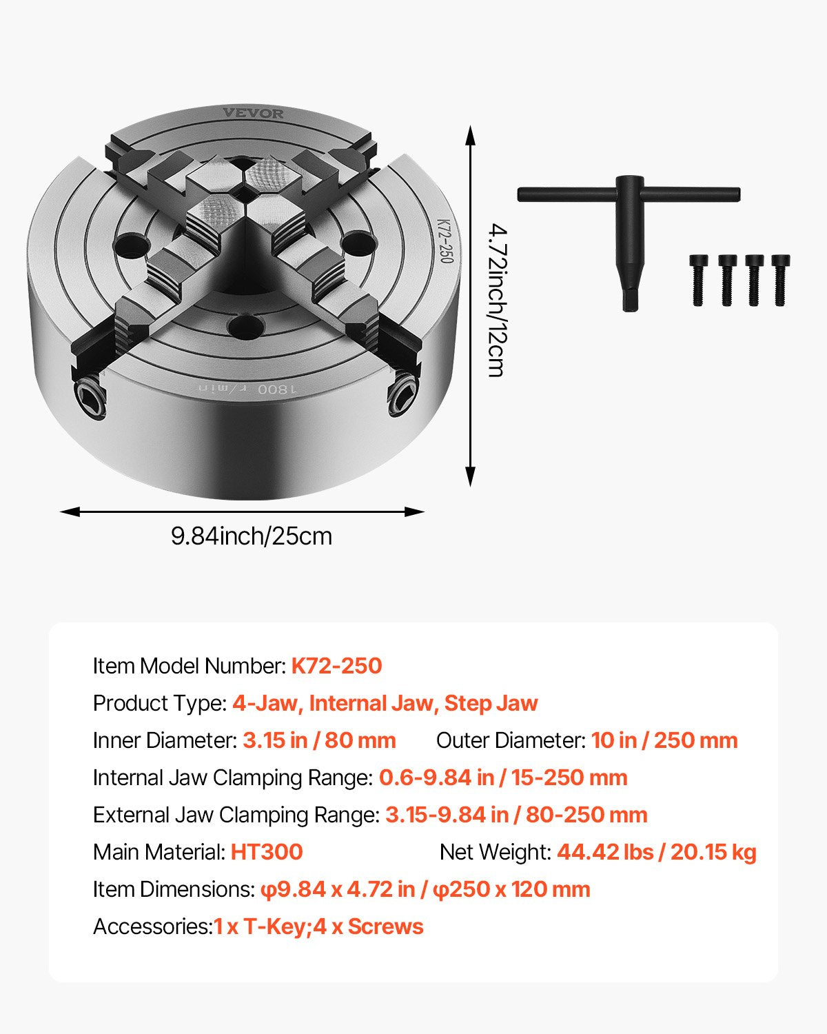 VEVOR 10 in 4-Jaw Self-Centering Lathe Chuck for Lathe Drilling Milling Machine 