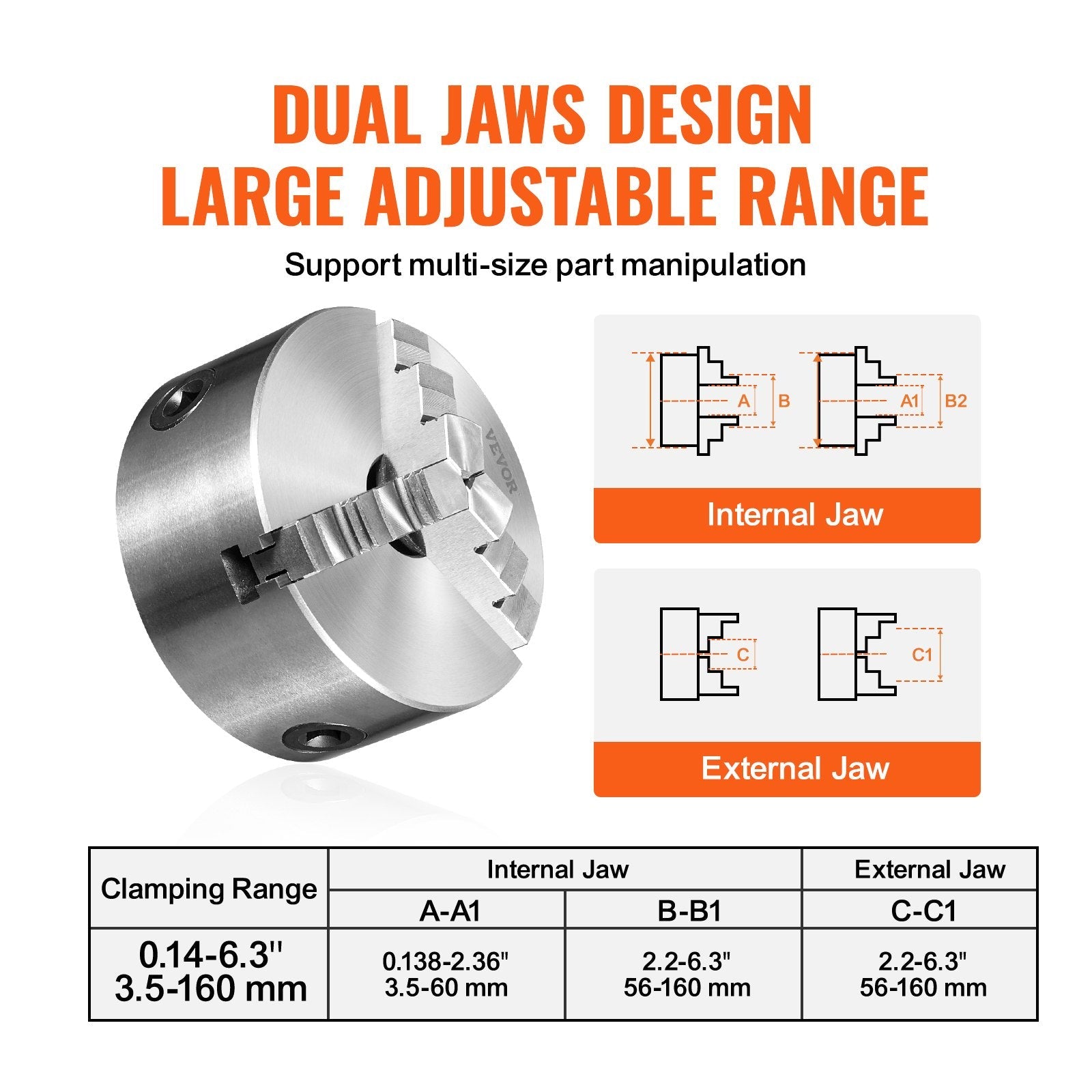 VEVOR 3-Jaw Lathe Chuck, 6'', Self-Centering Lathe Chuck, 0.14- 6.3 in/3.5-160 mm Clamping Range with T-key Fixing Screws Reversible Jaws, for Lathe 3D Printer Machining Center Milling Drilling Machin 