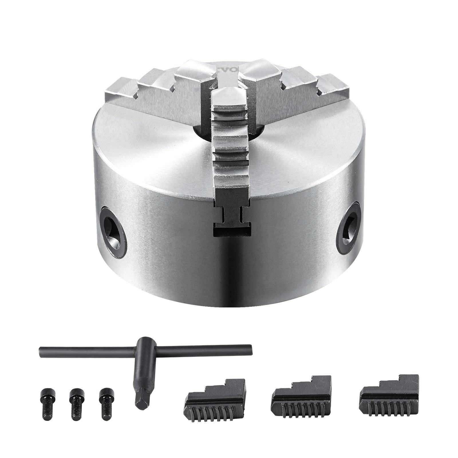 VEVOR 3-Jaw Lathe Chuck, 6'', Self-Centering Lathe Chuck, 0.14- 6.3 in/3.5-160 mm Clamping Range with T-key Fixing Screws Reversible Jaws, for Lathe 3D Printer Machining Center Milling Drilling Machin 