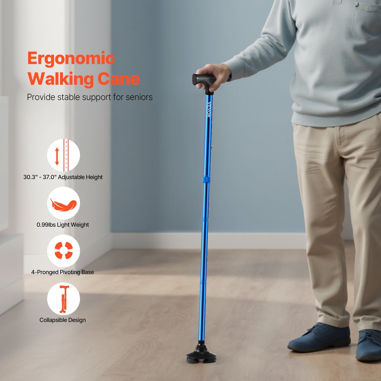VEVOR Walking Cane Folding Walking Stick 8-Level Height 4-Pronged Pivoting Base 