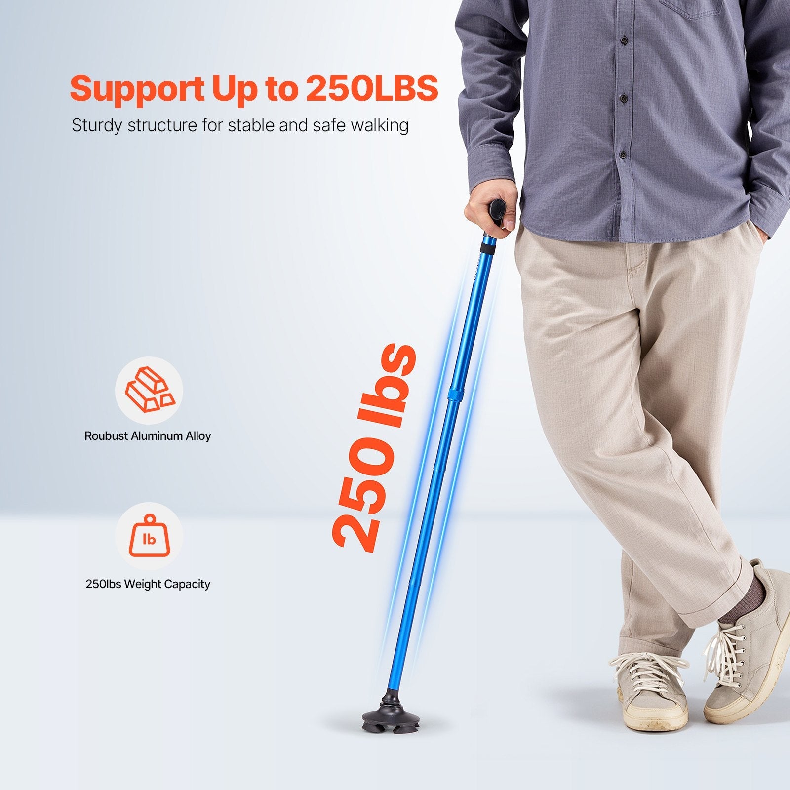 VEVOR Walking Cane Folding Walking Stick 8-Level Height 4-Pronged Pivoting Base 