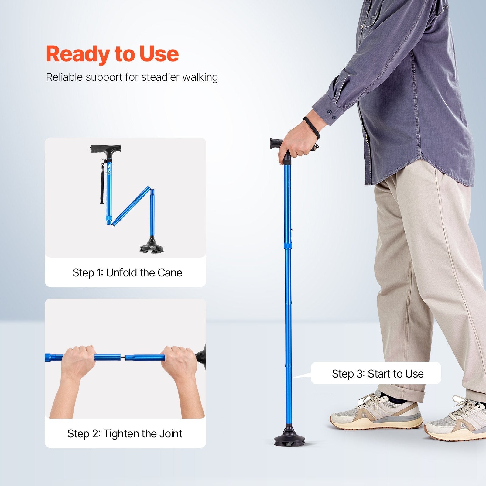 VEVOR Walking Cane Folding Walking Stick 8-Level Height 4-Pronged Pivoting Base 