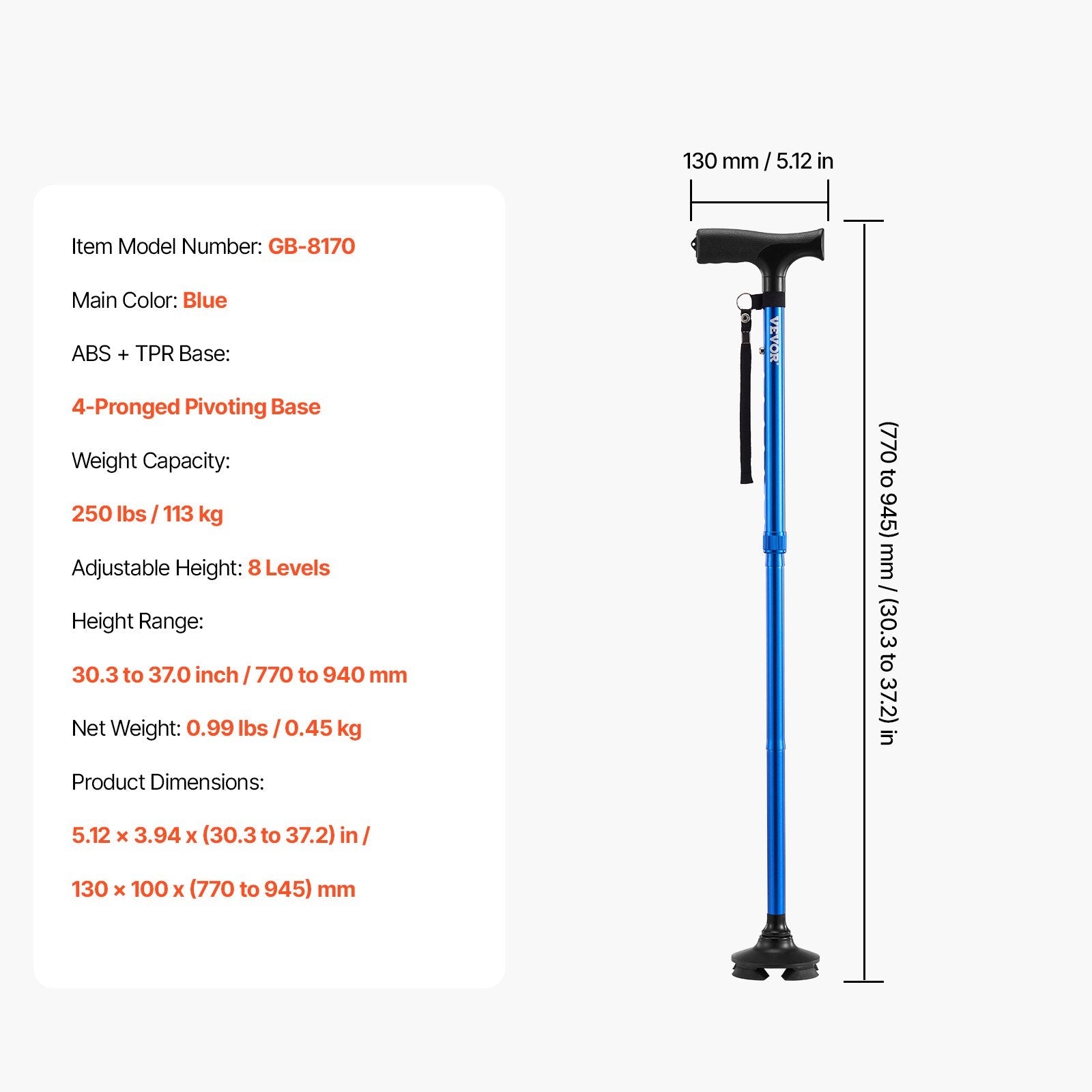 VEVOR Walking Cane Folding Walking Stick 8-Level Height 4-Pronged Pivoting Base 