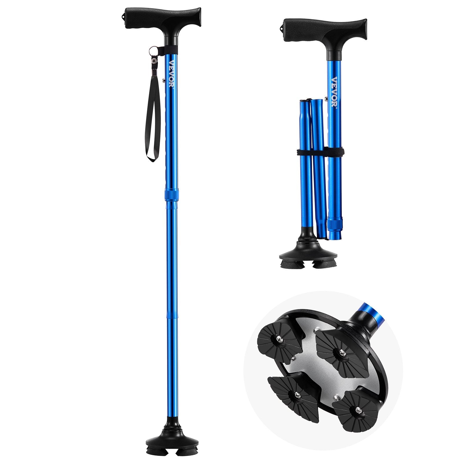 VEVOR Walking Cane Folding Walking Stick 8-Level Height 4-Pronged Pivoting Base 