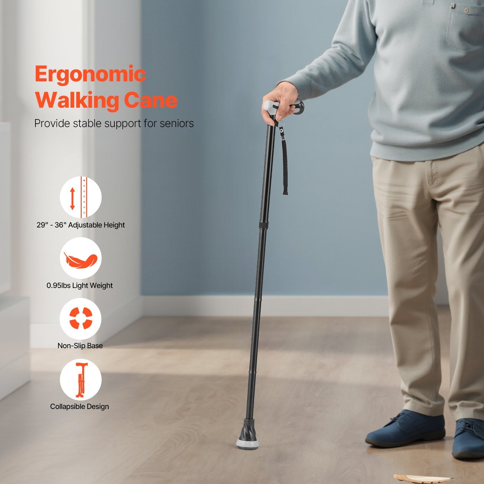 VEVOR Walking Cane for Man Woman Folding Walking Stick 8-Level Adjustable Height 