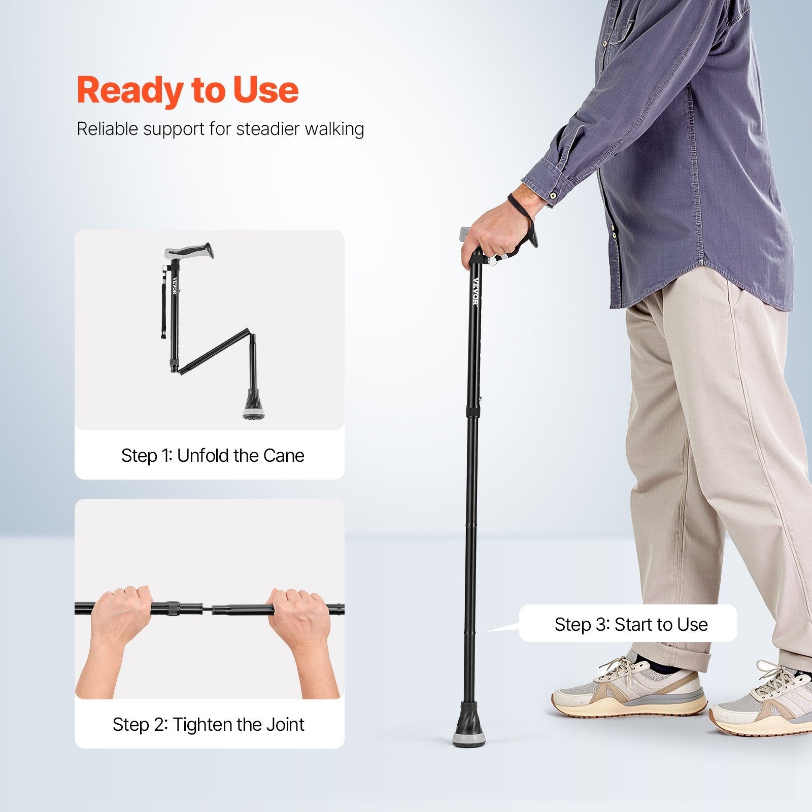 VEVOR Walking Cane for Man Woman Folding Walking Stick 8-Level Adjustable Height 