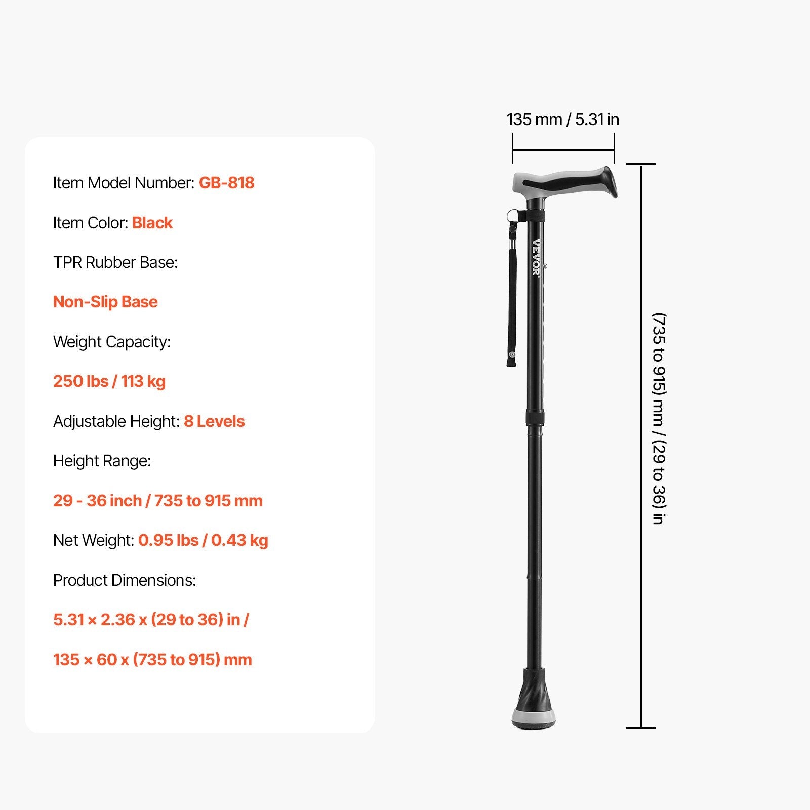 VEVOR Walking Cane for Man Woman Folding Walking Stick 8-Level Adjustable Height 