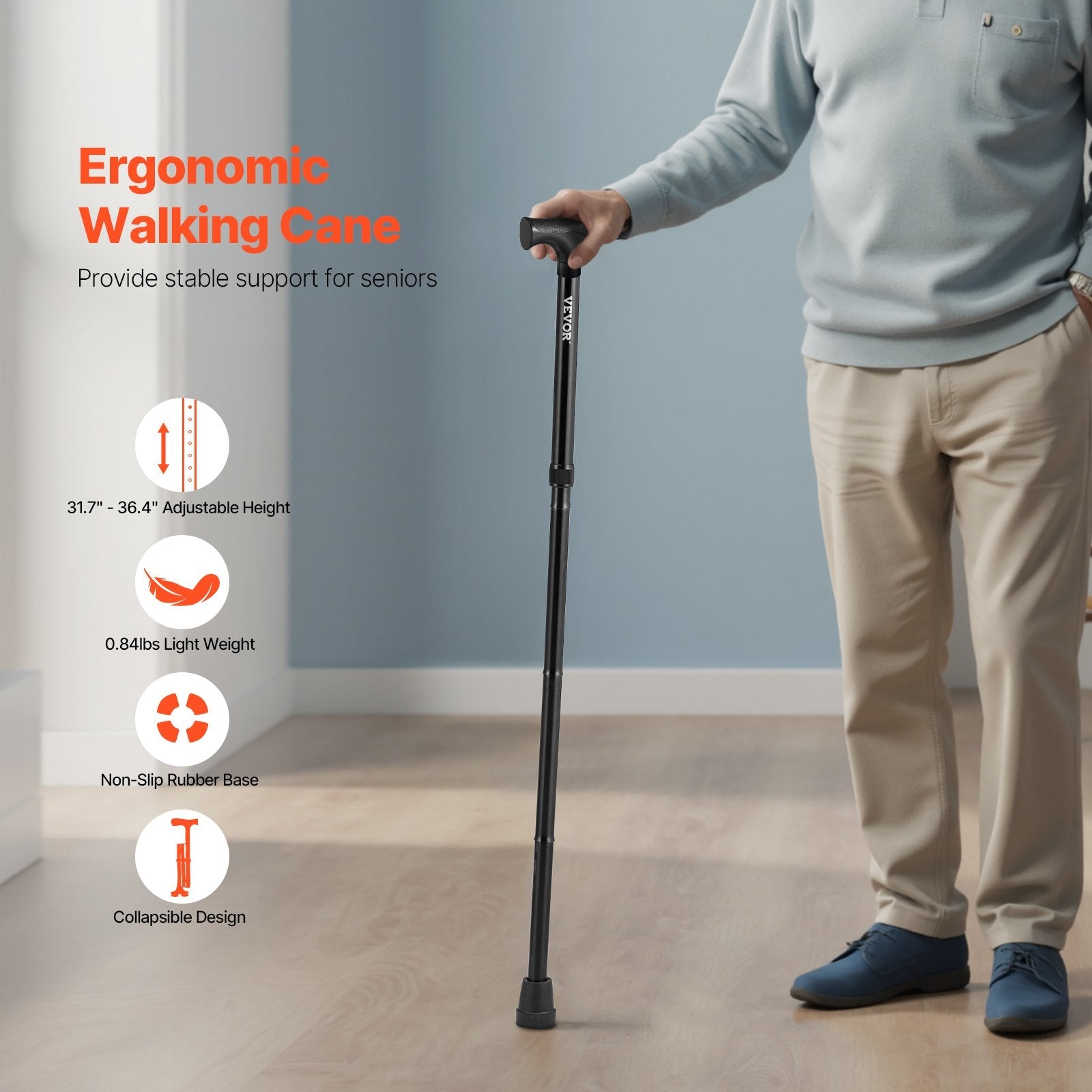 VEVOR Walking Cane for Man Woman Folding Walking Stick 5-Level Adjustable Height 