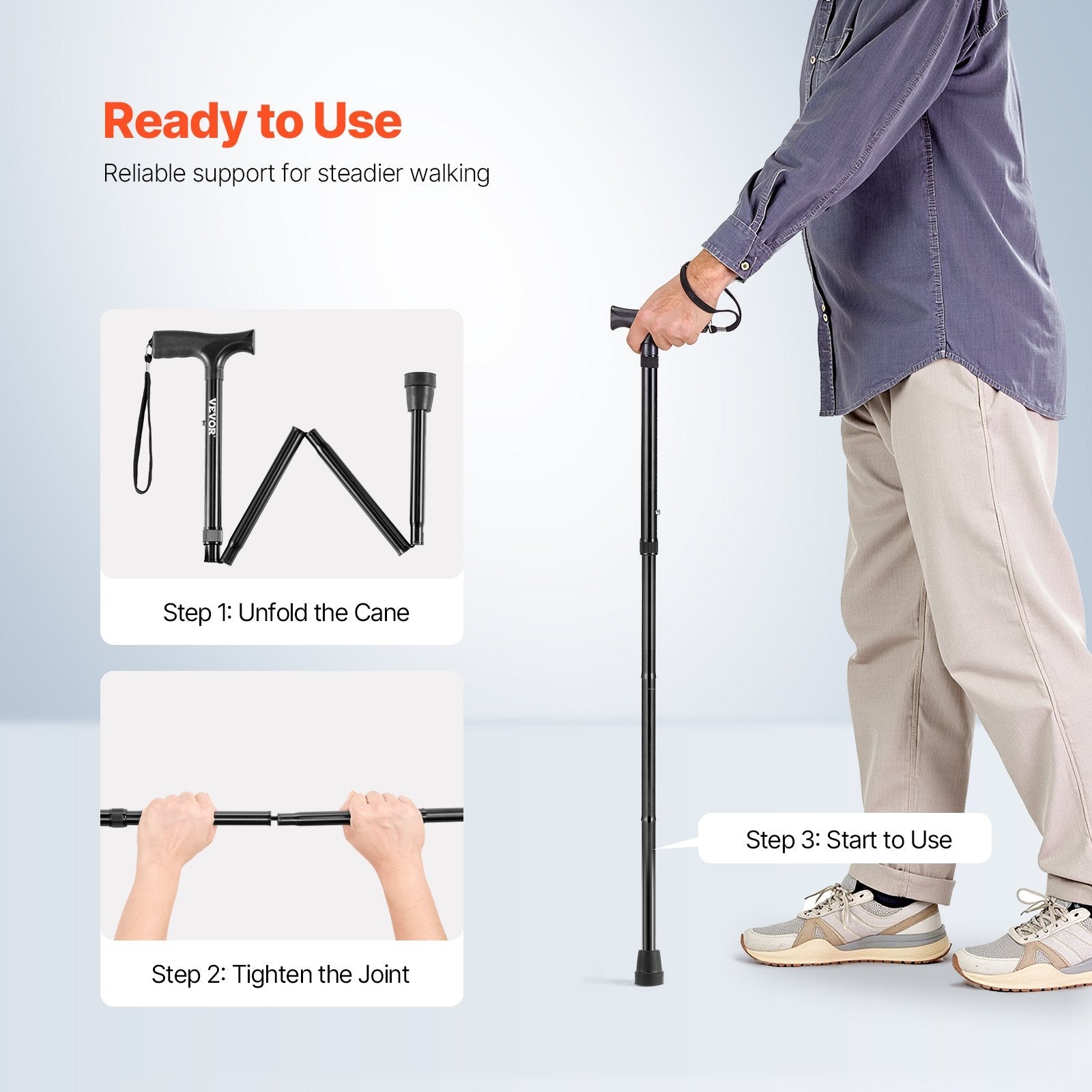VEVOR Walking Cane for Man Woman Folding Walking Stick 5-Level Adjustable Height 