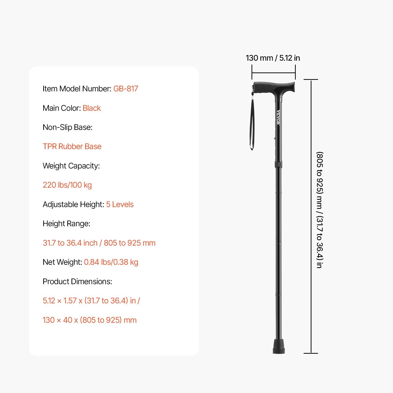 VEVOR Walking Cane for Man Woman Folding Walking Stick 5-Level Adjustable Height 