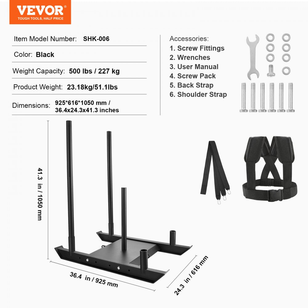 VEVOR Weight Training Sled, Pull Push Power Sled, Fitness Strength Resistance Training, Steel Workout Equipment for Athletic Exercise & Speed Improvement, Suitable for 2" Weight Plate, Black 