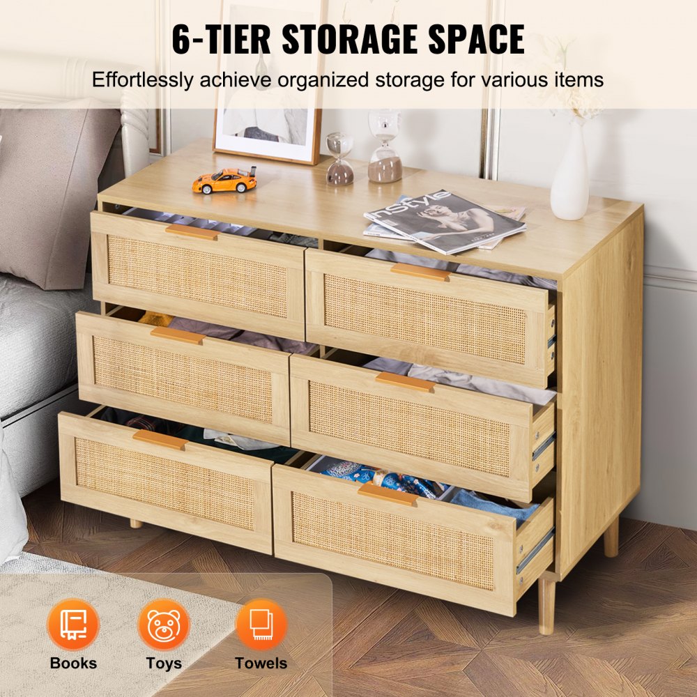 VEVOR Rattan Drawer Dresser Natural Rattan Closet Dresser 6 Drawers for bedroom 