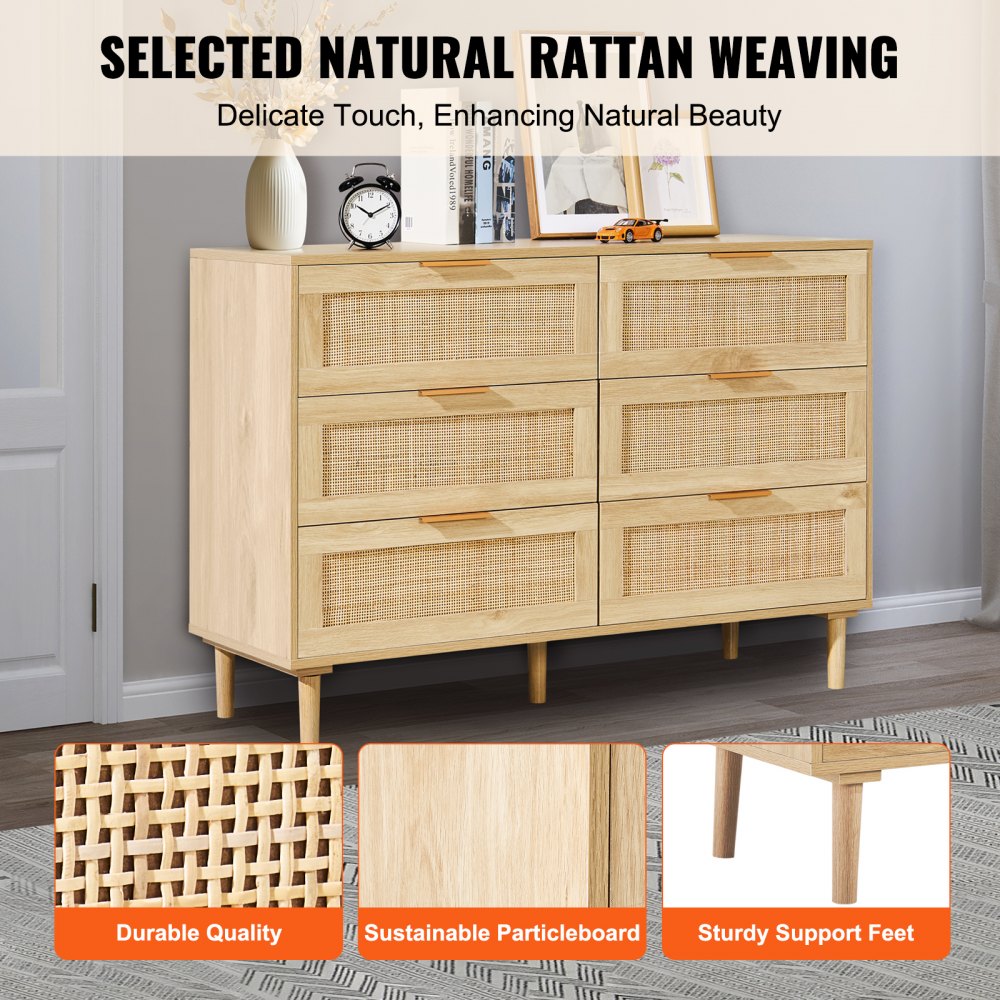 VEVOR Rattan Drawer Dresser Natural Rattan Closet Dresser 6 Drawers for bedroom 