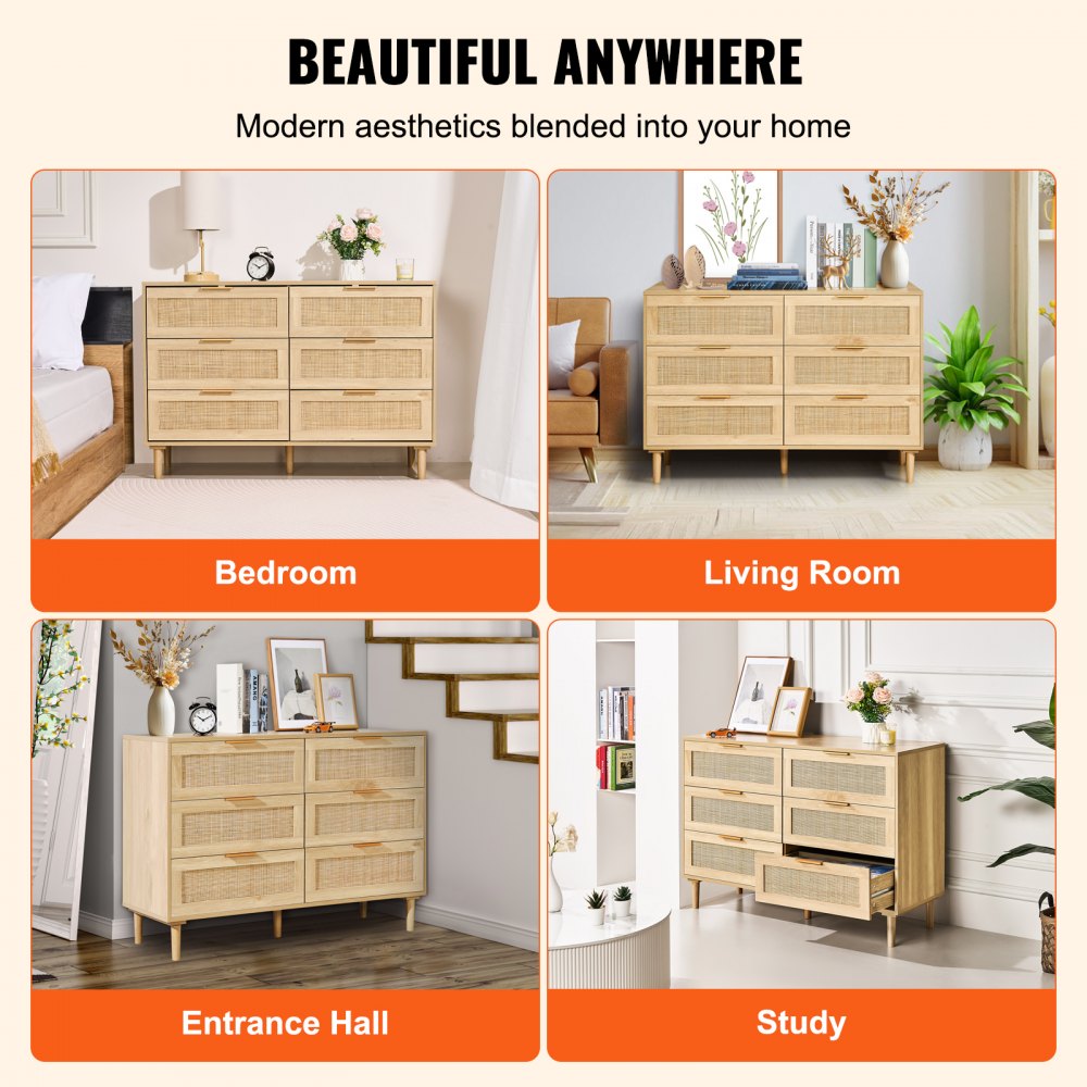 VEVOR Rattan Drawer Dresser Natural Rattan Closet Dresser 6 Drawers for bedroom 