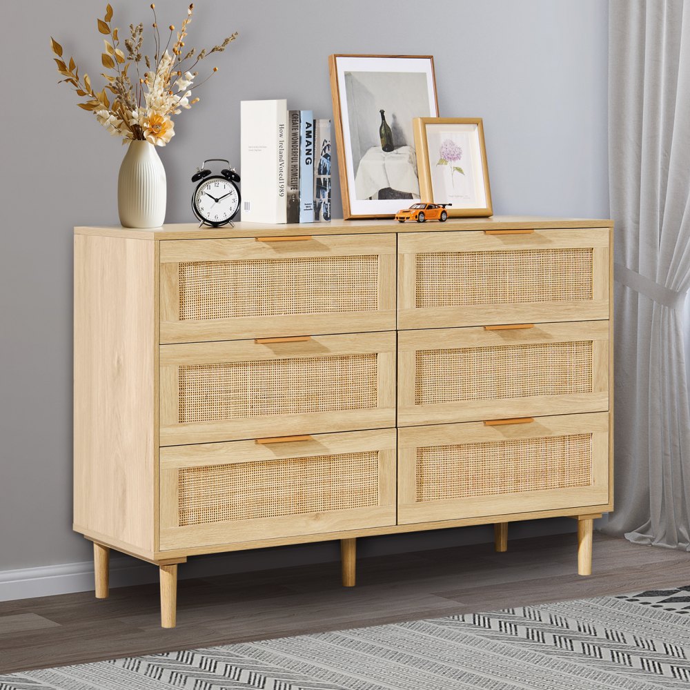 VEVOR Rattan Drawer Dresser Natural Rattan Closet Dresser 6 Drawers for bedroom 