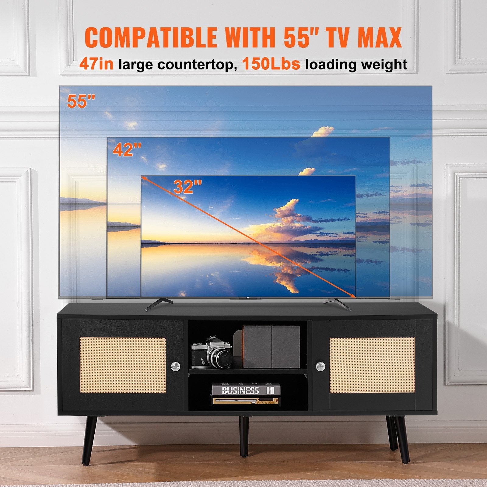 VEVOR Rattan TV Stand for 55" TV Entertainment Center with Rattan Door Black 