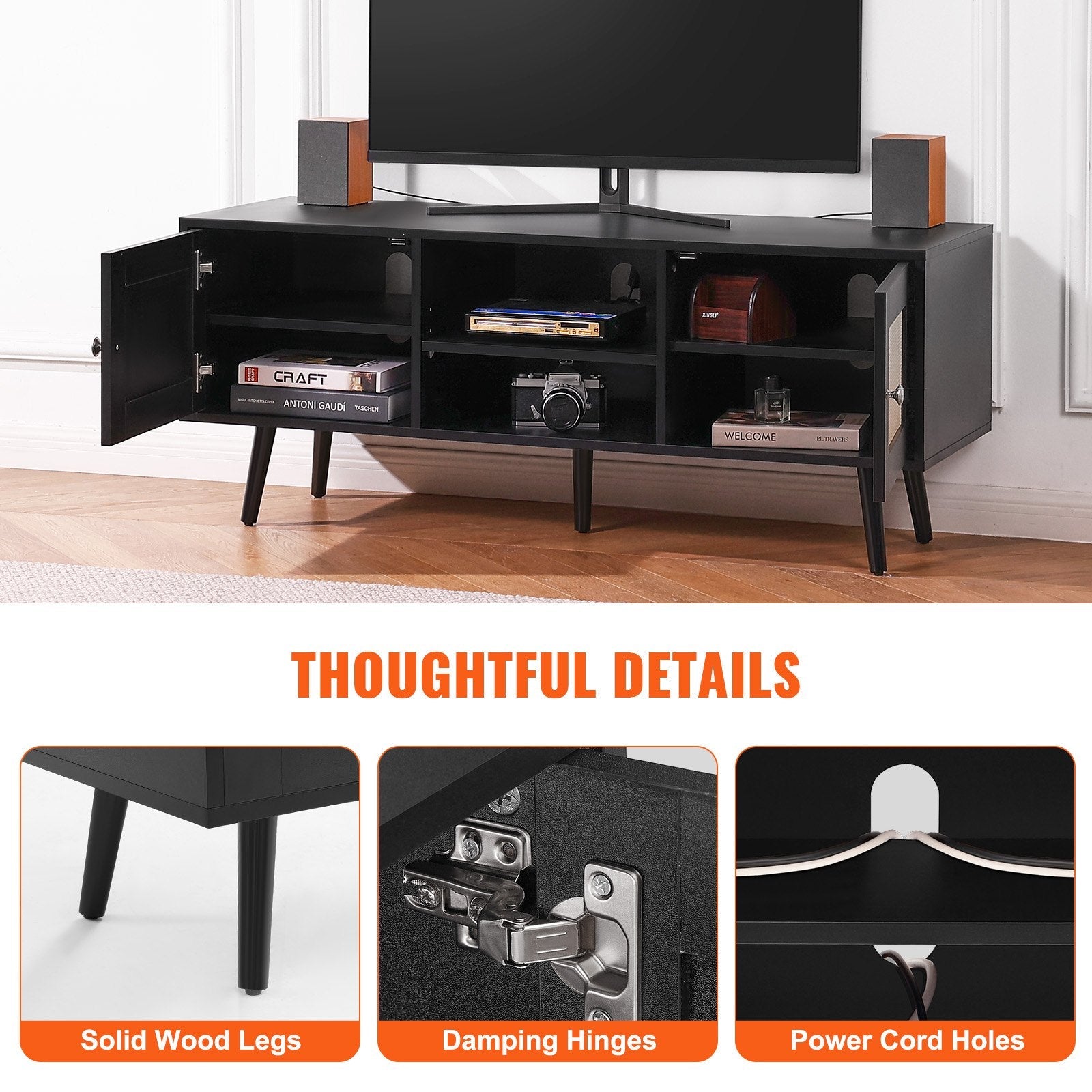 VEVOR Rattan TV Stand for 55" TV Entertainment Center with Rattan Door Black 