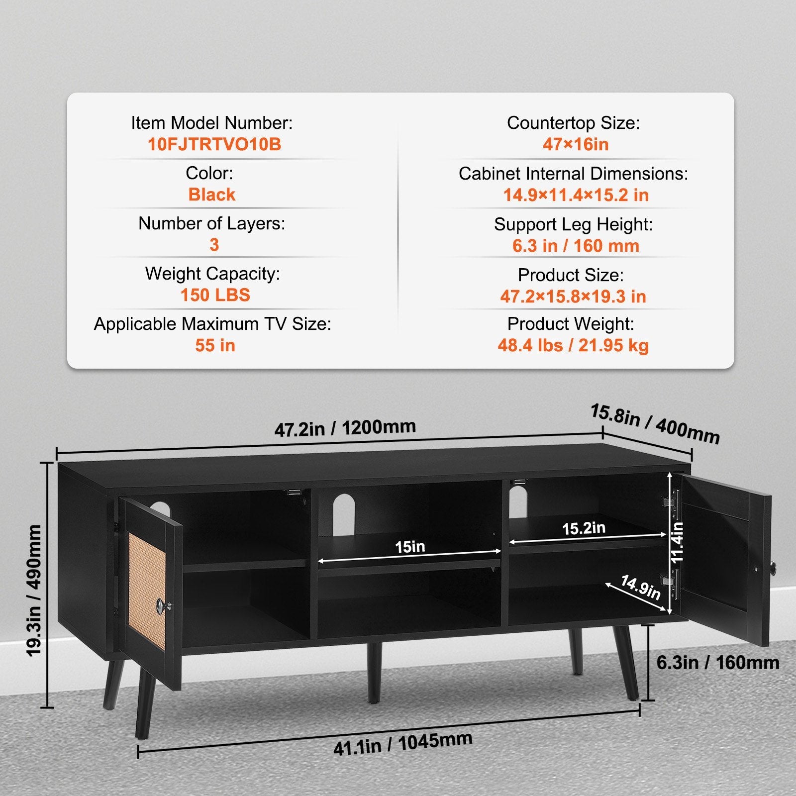 VEVOR Rattan TV Stand for 55" TV Entertainment Center with Rattan Door Black 