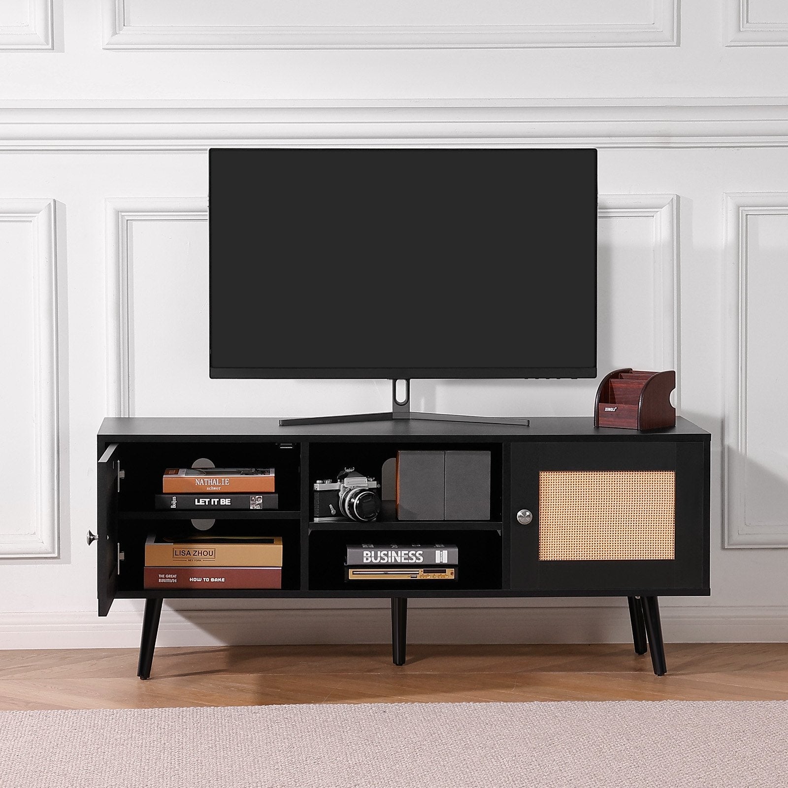 VEVOR Rattan TV Stand for 55" TV Entertainment Center with Rattan Door Black 