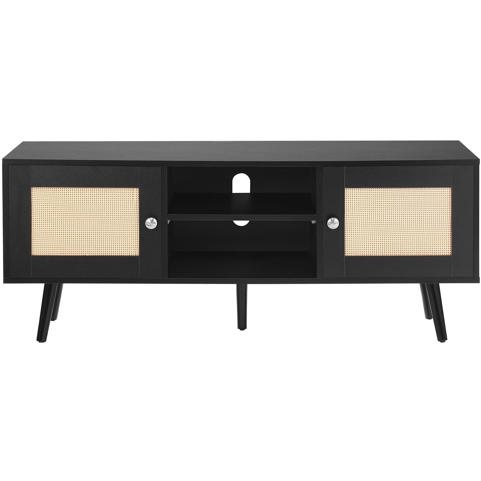 VEVOR Rattan TV Stand for 55" TV Entertainment Center with Rattan Door Black 