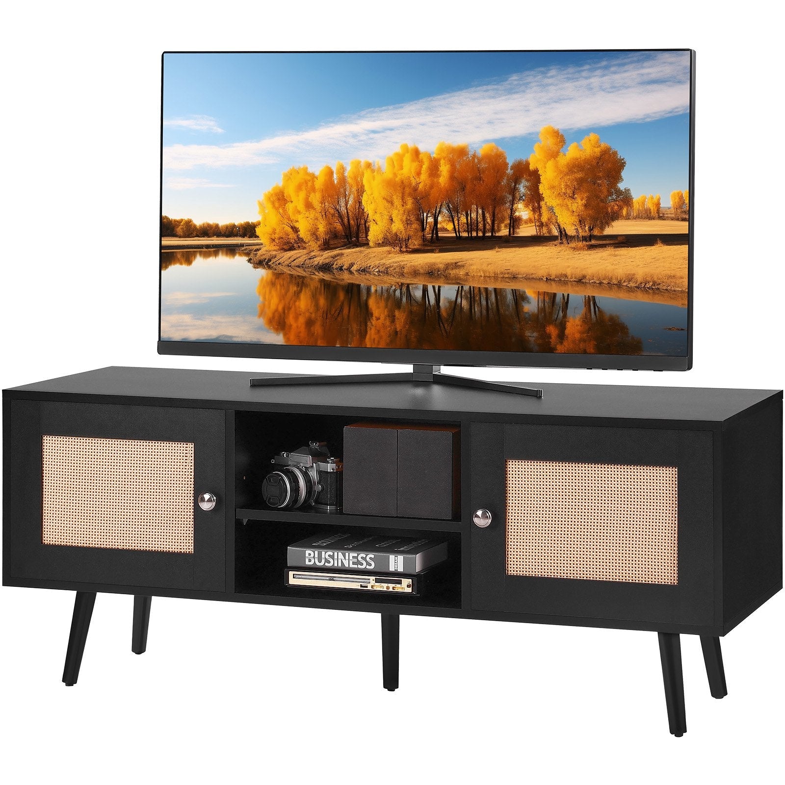 VEVOR Rattan TV Stand for 55" TV Entertainment Center with Rattan Door Black 